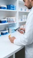 Male pharmacist scanning medication with digital interface displaying drug interaction alert in modern pharmacy for healthcare technology applications.