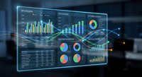 Futuristic holographic business dashboard displaying financial charts, graphs and data analytics in glowing blue interface for corporate presentations.