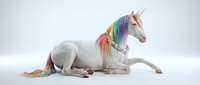 White unicorn with rainbow mane and tail, wearing colorful beaded necklace, lying down on white background, isolated for design use.