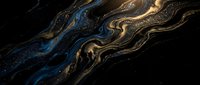 Abstract flowing liquid marble with swirling gold and blue patterns on black background, suitable for luxury design, wallpapers, and contemporary art projects.