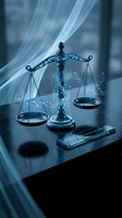 Digital scales of justice with glowing data streams and legal documents on desk representing modern law technology and legal system innovation.