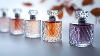 Luxury fragrance bottles with diamond pattern glass design in orange and purple tones on blurred background, elegant perfume collection display for beauty industry.