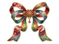 Ornate decorative bow with intricate enamel detailing in red, blue, green and gold tones, featuring scrollwork and jeweled embellishments. Isolated design element suitable for holiday graphics, invitations and festive projects.