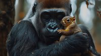 Gentle gorilla holding small orange primate baby in protective embrace, showcasing maternal instincts and wildlife conservation themes for educational content.