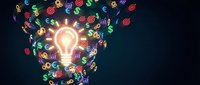 Glowing lightbulb surrounded by colorful neon financial and business icons on dark background, representing innovation, investment strategy, and creative entrepreneurial thinking.