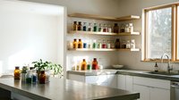 Modern kitchen interior with floating shelves displaying colorful glass bottles and jars, white cabinets, dark countertops, natural light from window.