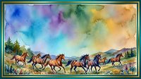 Wild horses galloping across open meadow with colorful rainbow sky background. Watercolor painting style artwork for home decor and wall art projects.