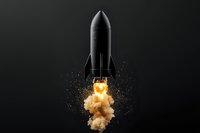Black rocket with orange flame and smoke blast on dark background, dramatic launch effect with explosive power and dynamic motion for aerospace designs.