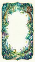 Watercolor enchanted forest frame with treehouse, fairies, mushrooms, and glowing lanterns, featuring a white center for text or design.