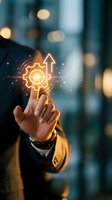 Businessman hand holding glowing gear and upward arrow icon with sparkling light effects against blurred city background, representing business growth, innovation, and success.