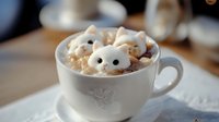 Adorable cat-shaped marshmallows floating in hot chocolate with whipped cream in white ceramic mug on wooden table creating cute kawaii cafe beverage experience.