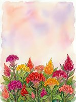 Watercolor celosia flowers in vibrant red, orange, yellow and pink bloom along the bottom with a soft pastel sky background and copy space.
