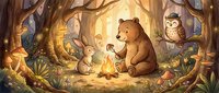 Forest animals gathering around campfire with bear rabbit and owl in enchanted woodland setting. Cozy storytelling scene with warm golden light filtering through trees.