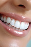 Close-up of bright white healthy teeth and natural pink lips showing genuine smile. Dental care and oral hygiene concept for dentistry and cosmetic marketing.