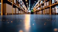 Modern warehouse interior with rows of shelves and boxes, dramatic perspective view from floor level showing bokeh lights reflection, industrial storage facility.