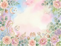 Pregnant woman silhouette surrounded by blooming roses, moon and stars, soft pastel watercolor style, isolated on white background for nursery decor and maternity designs.
