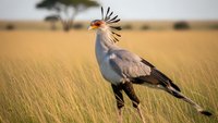 Secretary bird standing in golden grassland savanna with distinctive crest feathers displayed against blurred acacia trees in warm evening light.