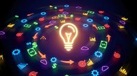 Glowing neon light bulb surrounded by colorful business icons including charts, gears, and analytics symbols on dark background. Represents innovation, ideas, and digital strategy.