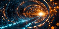 Glowing spiral tunnel with blue and orange particles creating dynamic light effect, leading to bright center point. Abstract digital background for technology concepts.