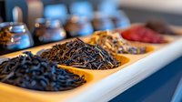 Fresh black squid ink pasta arranged in wooden serving bowls on white tray, gourmet Italian cuisine preparation in restaurant kitchen setting.