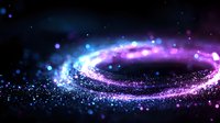 Magical swirling light trail with glowing particles in space, blue and purple neon cosmic dust creating spiral galaxy effect against dark background.