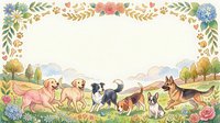 Watercolor floral border frame with playful dogs in pastoral landscape. Decorative botanical elements surround countryside scene with various dog breeds.