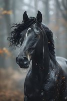 Majestic black horse with flowing mane against misty forest background, autumn leaves and light particles dancing in air create dramatic atmospheric mood.
