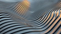 Metallic wavy lines creating dynamic optical illusion pattern with silver and copper gradient colors on curved rippled surface. Abstract modern background for design projects.