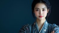 Young Asian woman wearing traditional teal silk kimono with floral pattern against dark background, elegant portrait with soft dramatic lighting and serene expression.