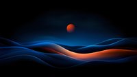 Abstract glowing waves in blue and orange colors with red moon against dark background create mesmerizing minimalist landscape composition.