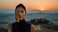 Young Asian woman covering face with hand during golden hour sunset in scenic mountain landscape with rolling hills and warm atmospheric lighting.