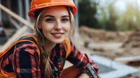 Young female construction worker in orange hard hat and plaid shirt smiling at construction site. Professional woman in industrial setting showing diversity in workforce.