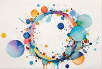 Abstract watercolor circular composition with vibrant splashes and dots in blue, orange, and turquoise creating dynamic motion perfect for modern design projects and creative backgrounds.