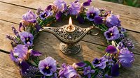 Purple pansy flower wreath surrounding ornate brass oil lamp with glowing flame on rustic wooden surface for spiritual meditation and aromatherapy rituals.