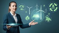 Professional businesswoman presenting sustainable energy solutions with digital holographic icons including wind turbines and solar panels.