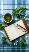 Fresh mint tea cup with open book and reading glasses on blue checkered tablecloth surrounded by green mint leaves and small white daisies for relaxation.