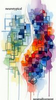 Abstract brain concept showing neurotypical versus neurodivergent thinking patterns with colorful geometric shapes and flowing design elements.
