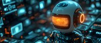Futuristic robot head with glowing orange LED display screen and cyan metallic surface against dark technological background with digital elements and circuits.