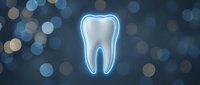 Glowing tooth icon with blue neon light effect on dark bokeh background for dental care, oral health, dentistry clinic branding and medical presentations.