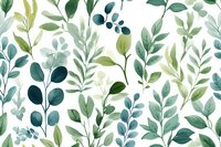 Watercolor botanical pattern with green and teal leaves, branches, and foliage on white background. Seamless nature-inspired design for fabric, wallpaper, and stationery.