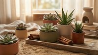 Cozy home interior with succulent plants in terracotta pots on wooden tray, warm natural lighting creates peaceful atmosphere for modern living spaces.