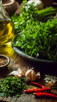 Fresh parsley in rustic bowl with olive oil, garlic, chili peppers and herbs on wooden table, cooking ingredients for Mediterranean cuisine.