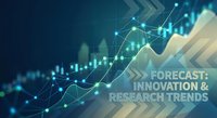 Business forecast innovation research trends with glowing network connections and upward arrow graphs on dark blue technology background for presentations.