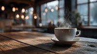 Steaming hot coffee cup on rustic wooden table in cozy cafe with warm bokeh lights and large windows creating atmospheric morning ambiance for relaxation.
