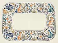 Decorative frame with cats, flowers and botanical elements on beige background. Folk art style border with felines, leaves and floral motifs for greeting cards.