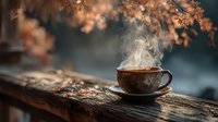 Steaming coffee cup on rustic wooden table with autumn foliage background creating cozy morning atmosphere for cafes and seasonal marketing materials.