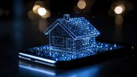 Glowing blue hologram house projection above smartphone screen with bokeh light effects in dark background, futuristic smart home technology concept.