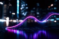 Glowing neon wave visualization with purple and blue light effects against dark background, reflecting on surface with bokeh city lights in background.