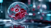 Microscopic view of red blood cells inside transparent sphere floating against blurred medical laboratory background with dramatic lighting.