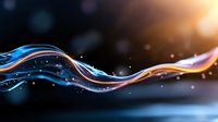 Glowing abstract waves with blue and orange light trails flowing against dark background, sparkling particles creating dynamic motion effect for technology designs.